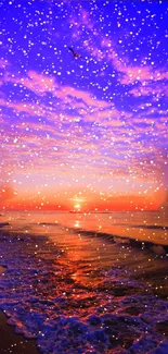 Colorful sunset beach with starry sky mobile wallpaper.