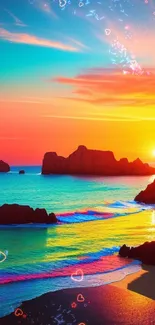 Vibrant sunset over a colorful beach with glowing waves.