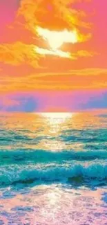 Vibrant sunset over ocean waves with a colorful sky.