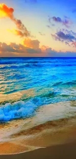 Vibrant sunset beach wallpaper with colorful ocean and sky.