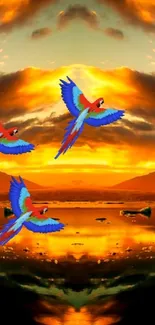 Vibrant sunset with birds over reflective lake wallpaper.