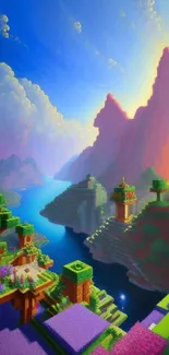 Blocky landscape with sunset, mountains, and lush greenery in vibrant colors.