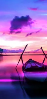 Tranquil boat at sunset with vibrant purple sky.