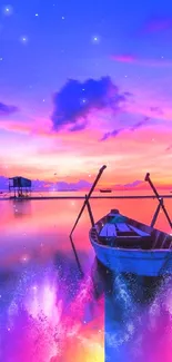 Vibrant sunset over calm waters with a lone boat floating peacefully.