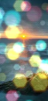 Vibrant sunset with bokeh lights over ocean waves, creating a serene and colorful view.