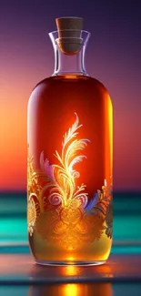 Vibrant bottle with intricate designs against a sunset background.