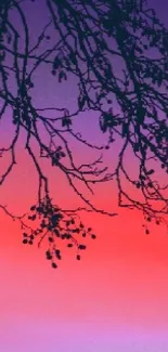 Silhouette branches over a pink and purple sunset sky.