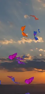 Colorful butterflies fluttering in a sunset sky scene.