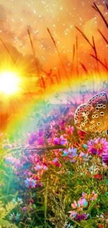 Colorful sunset with butterfly on flowers.