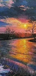 Vibrant sunset painting with lake and reflections.