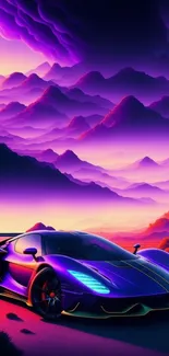 Neon sports car with vibrant sunset backdrop and purple mountains.