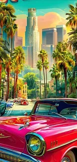 Vibrant cityscape with vintage cars and palm trees at sunset.