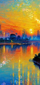 Vibrant artwork depicting a cityscape at sunset with reflection on water.