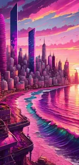 Vibrant sunset cityscape with colorful waves and futuristic skyline.