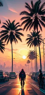 City street at sunset with palm trees, neon ambiance, and colorful sky.