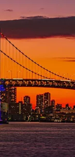 Vibrant cityscape at sunset with illuminated bridge and skyline.