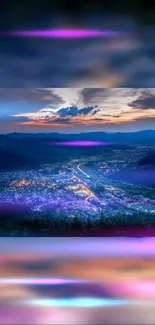 Purple neon-lit cityscape with vivid sunset and mountains.