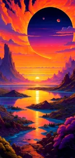 Vibrant cosmic sunset landscape with vivid colors and fantastical mountains.