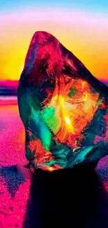 Vibrant crystal on a colorful beach at sunset.