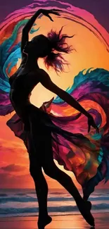 Silhouette of a dancer against a vibrant sunset with colorful swirls.