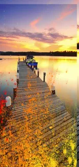 Colorful sunset over a dock on a peaceful lake.