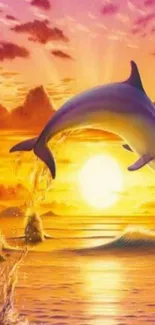 Dolphin leaping at vibrant sunset over ocean.