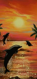 Tropical sunset with dolphins leaping, surrounded by palms.