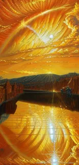 Fantasy sunset scene with vibrant orange sky and reflections.