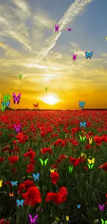 Vibrant sunset over red poppy field with golden sky.