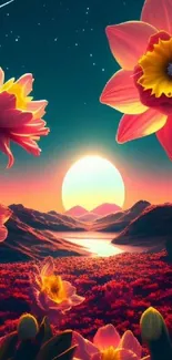 Vibrant flowers at sunset against a serene landscape.