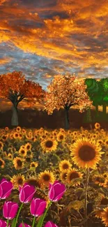 Sunset wallpaper with sunflowers, tulips, and autumn trees.