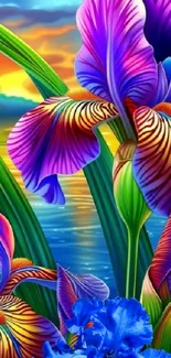 Vibrant flowers and serene sunset over a lake mobile wallpaper.