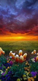 Sunset over a vibrant flower field with a colorful sky.