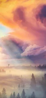 Vibrant sunset over a misty forest with colorful sky.