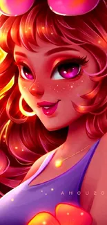 Stylized girl in vibrant sunset hues with flowing orange hair and sunglasses.