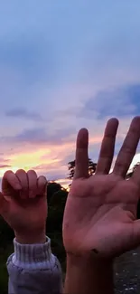 Hands silhouetted against a vibrant sunset sky.