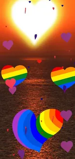 Rainbow hearts over vibrant sunset ocean scene.