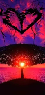 Vibrant sunset with heart silhouette over ocean horizon and mystical tree.