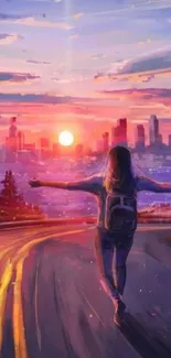 Digital art of a vibrant sunset cityscape with a person walking towards the horizon.