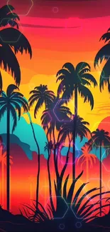 Silhouetted palm trees against a vibrant orange sunset sky.