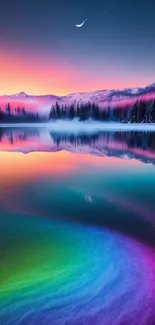 Vibrant sunset over a lake with rainbow colors reflecting in the water.