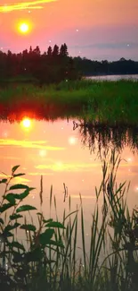 Lake sunset reflection with vibrant sky.