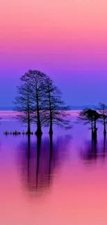 Serene sunset over a purple-hued lake with tree reflections.