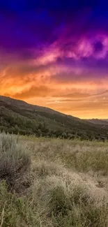 A vivid sunset over a serene meadow with colorful skies and a distant figure.