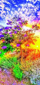 Vibrant sunset landscape with purple tree and colorful sky.