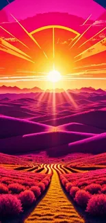 Vibrant pink and orange sunset over rolling hills wallpaper.