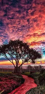 Vibrant sunset landscape with trees, colorful sky, and lush greenery.