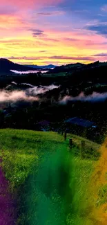 Vibrant sunset over hills with colorful landscape and splashes of paint.