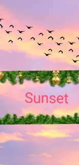 Mobile wallpaper with a sunset sky and decorative elements.