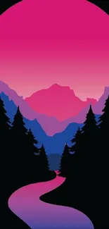 Vibrant sunset over mountains with trees and a flowing path.